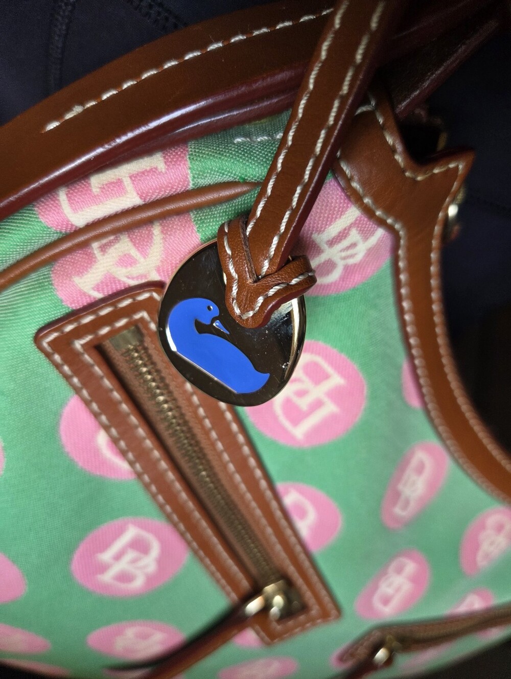 Dooney & Bourke Y2K Vintage Hobo Bag Monogram Polka Dot Pink Green Palm Beach - Picture 11 of 12